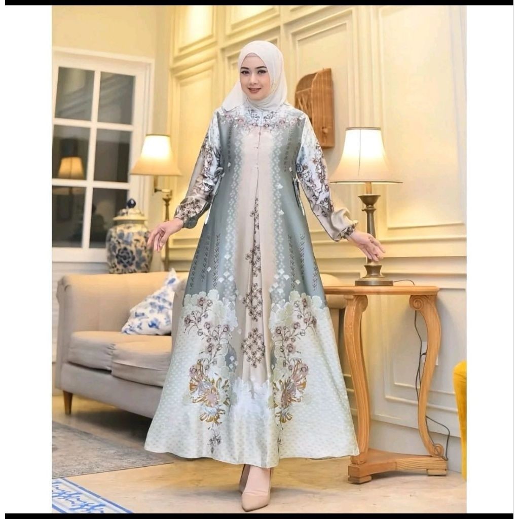 Gamis Muslimah Motif Bunga Warna Abu Abu Lengan Panjang Model Longgar