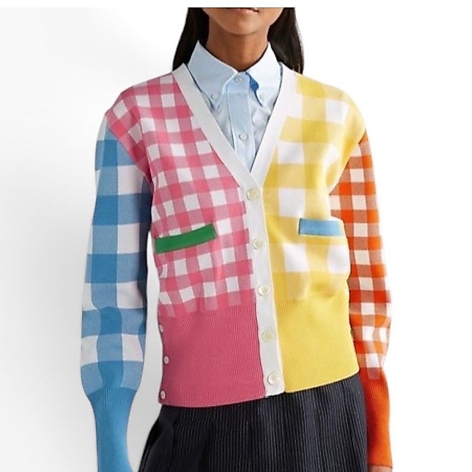 Thom Browne Paneled Gingham Knitted Cardigan NEW