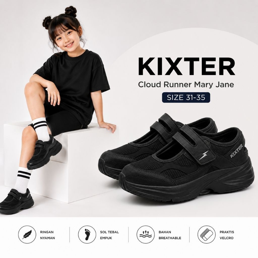KIXTER Cloud Runner Mary Jane – Sepatu Anak Sporty Strap Velcro Full Black