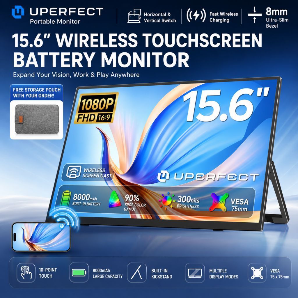 UPERFECT Portable Monitor 15.6 Inch Wireless Touchscreen Battery Monitor 1080P FHD 8000mAh