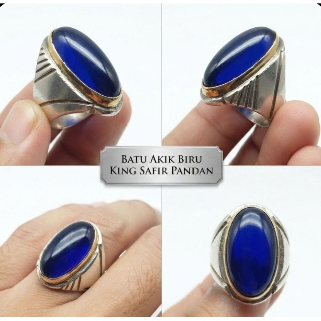 Cincin batu akik alam pandan biru safir blue king safir monel /alpaka