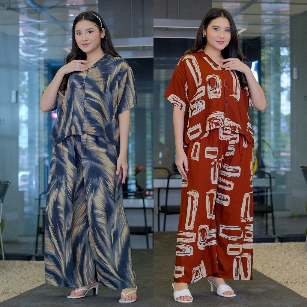 Setelan Crop Celana Kulot Outer Kerah Rayon Premium Casual Busui Kancing Santai LD110–JFboutique.id