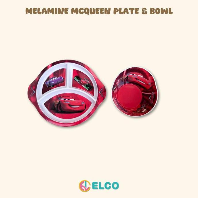 Elco Premium Melamine Lightning Mcqueen Kids Plate Spoon Tableware Set / Piring Sendok Anak Bahan Me