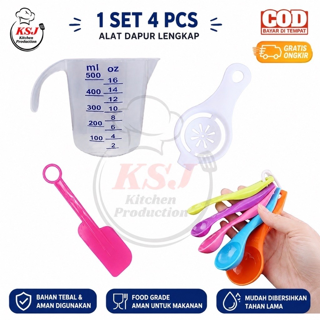 [1 SET] Lengkap Gelas Takar 500mil + Sendok Takar 5 PCS 1 in + Alat Pemisah Kuning Telur + Spatula K