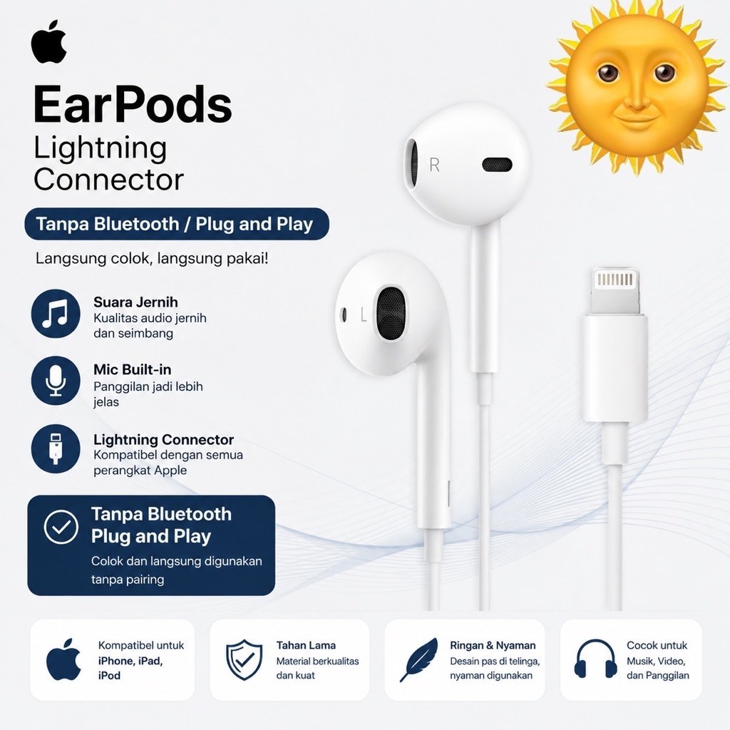 Earpods Iphone kabel Lightning Handsfree Iphone Lightning Headphone Iphone Lightning Hedset Iphone H