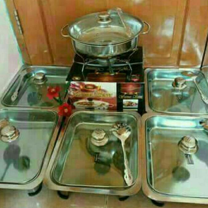 PROMO Tempat Makan Prasmanan set tutup full kaca atau batik bahan stainless isi 5 kotak + 1 bulat me