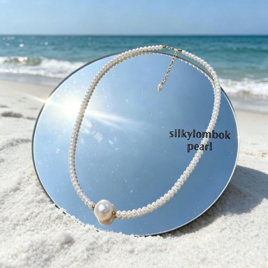 Kalung rhodium mutiara air tawar asli Kalung full mutiara air tawar asli lombok Kalung mutiara oval 