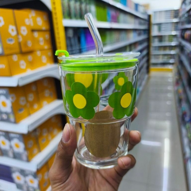 Gelas Kaca MR DIY Motif Bunga Daisy + Sedotan Kaca + Tutup