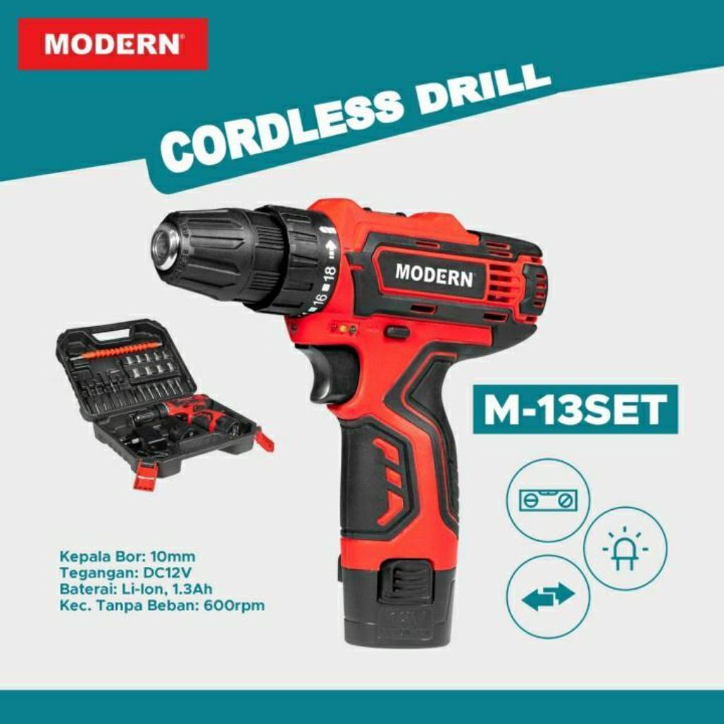 Bor Baterai Modern M-13 SET 10mm - Cordless, Reversible, Torsi 18