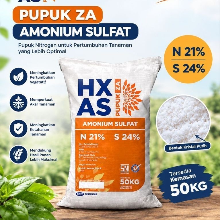 Pupuk ZA DGW HX AS Kemasan 50kg Nitrogen 21% Sulfur 24% Bentuk Kristal Putih