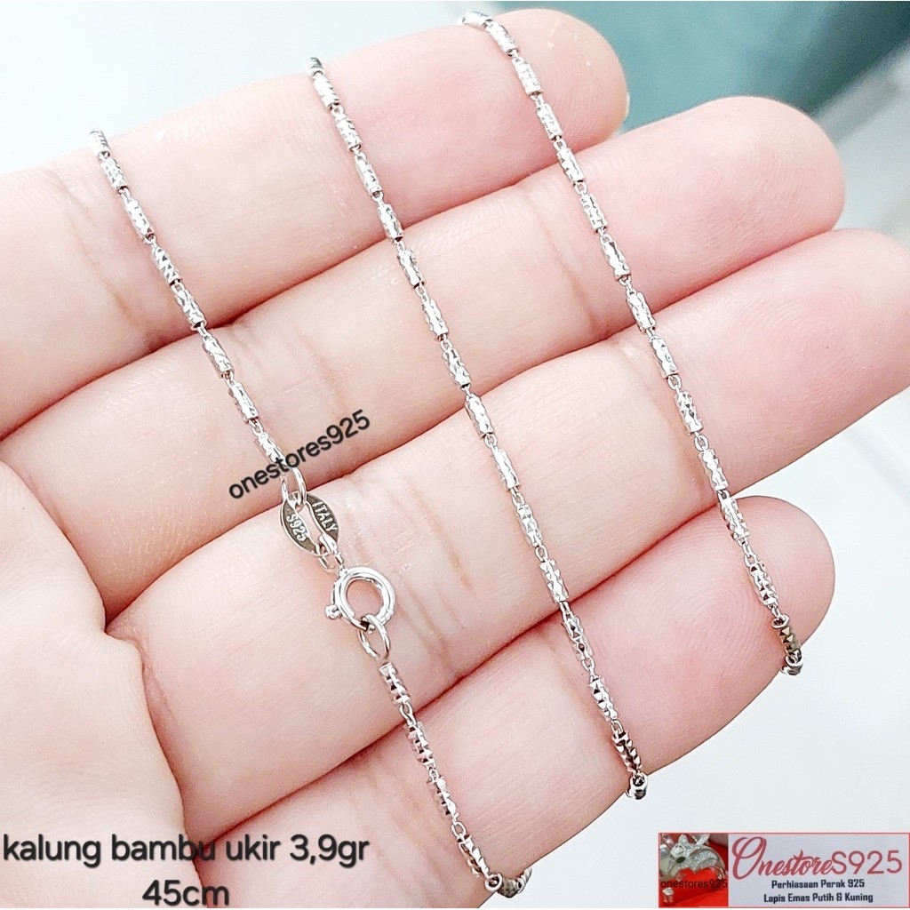 Kalung Bambu Ukir warna silver Perak 925 Lapis Emas Putih rantai feminin