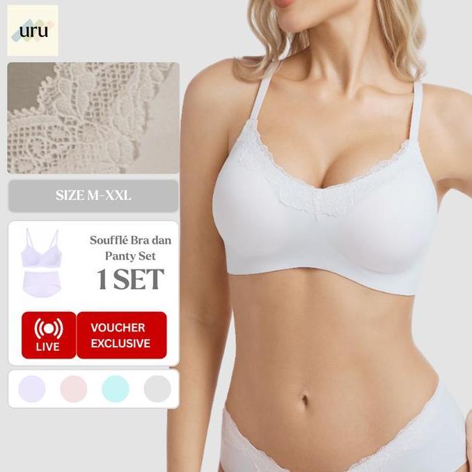 URU [1 SET] Souffl Renda Daleman Wanita Set | Elegan Bra Push Up Tanpa Kawat bh CD Seamless