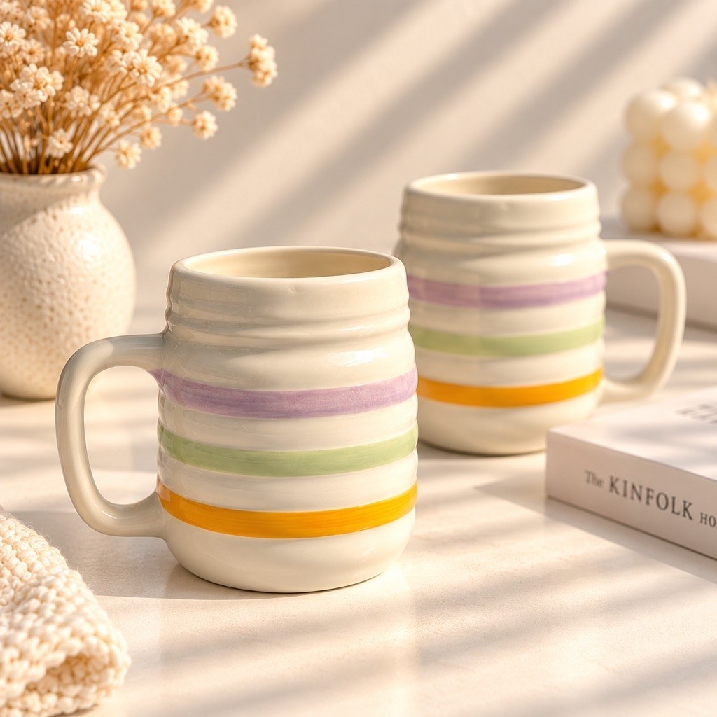 2 PCS Mug Keramik Ringo Whiteline 250ml Aesthetic Mug Cantik Hadiah
