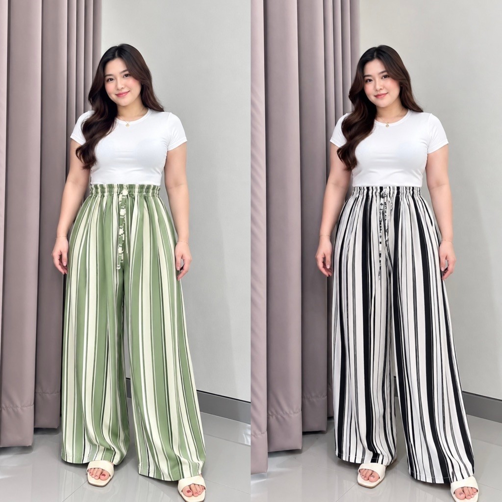 Celana Kulot Wanita Motif Salur Stripe Pants Kain Rayon Bali All Size & Jumbo