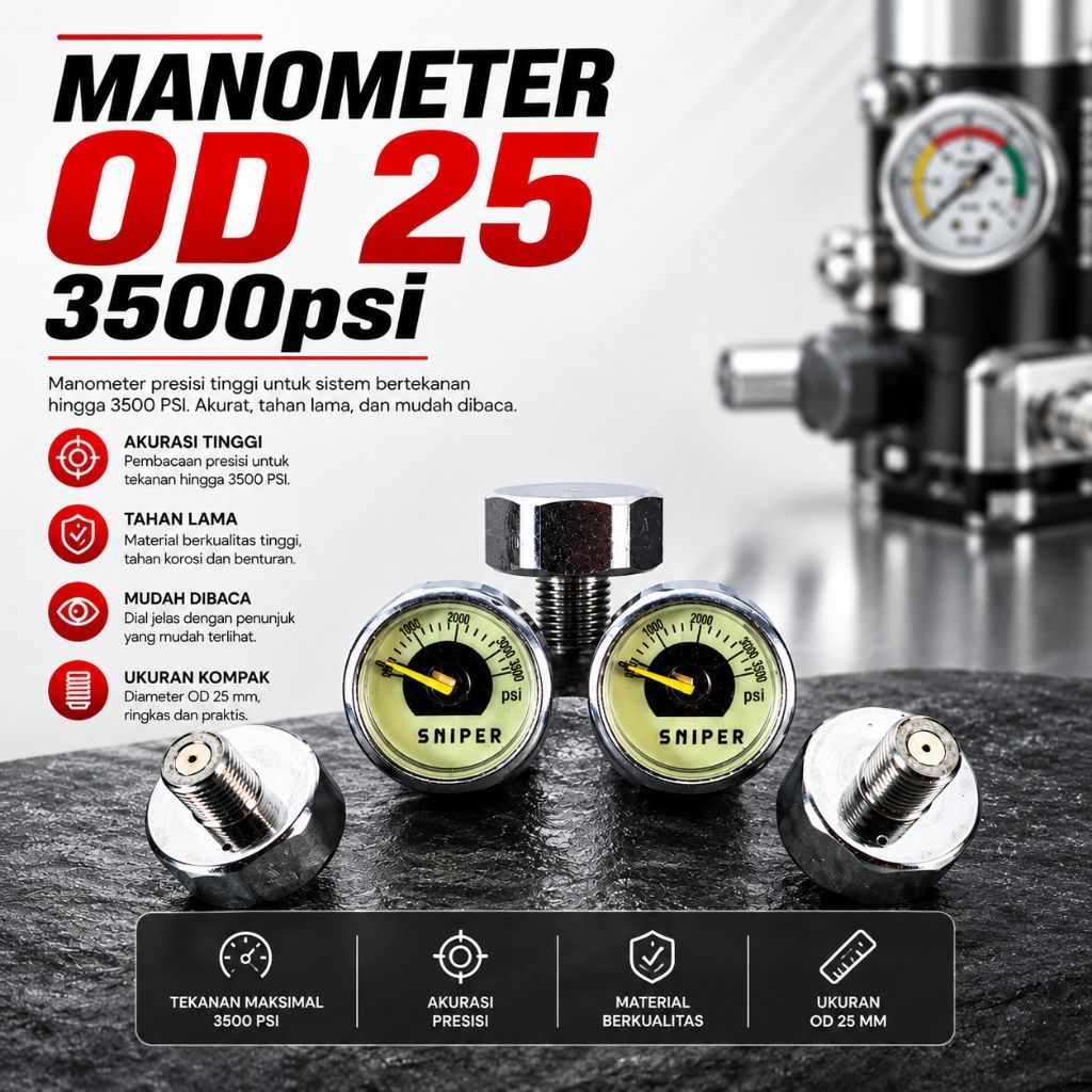 MANOMETER OD 25 3500 PSI SNIPER | PRESSURE GAUGE MINI | INDIKATOR TEKANAN | MANO POMPA PCP |  SPAREP