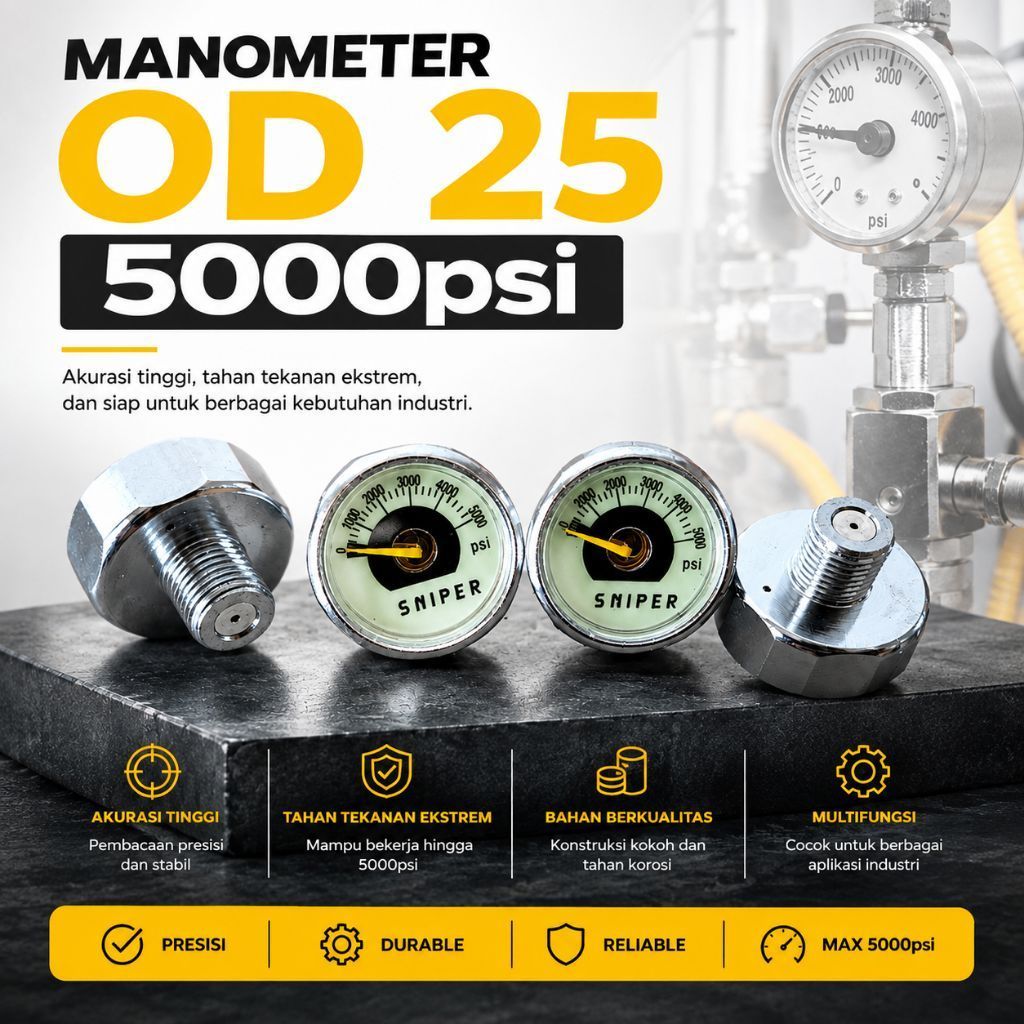 MANOMETER OD 25 5000 PSI SNIPER | PRESSURE GAUGE MINI | MANO POMPA | SPAREPART POMPA PCP | PRESSURE 