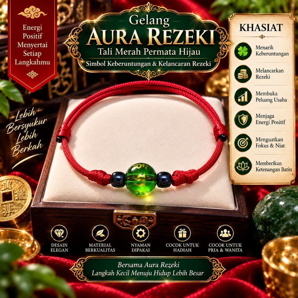 Gelang tali merah permata hijau