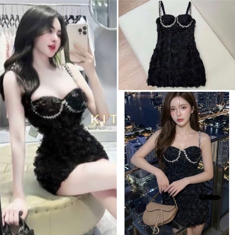 DRESS PENDEK HITAM BKK MOTIF BUNGA BUNGA PREMIUM / MINI BLACK DRESS IMPORT BANGKOK READY