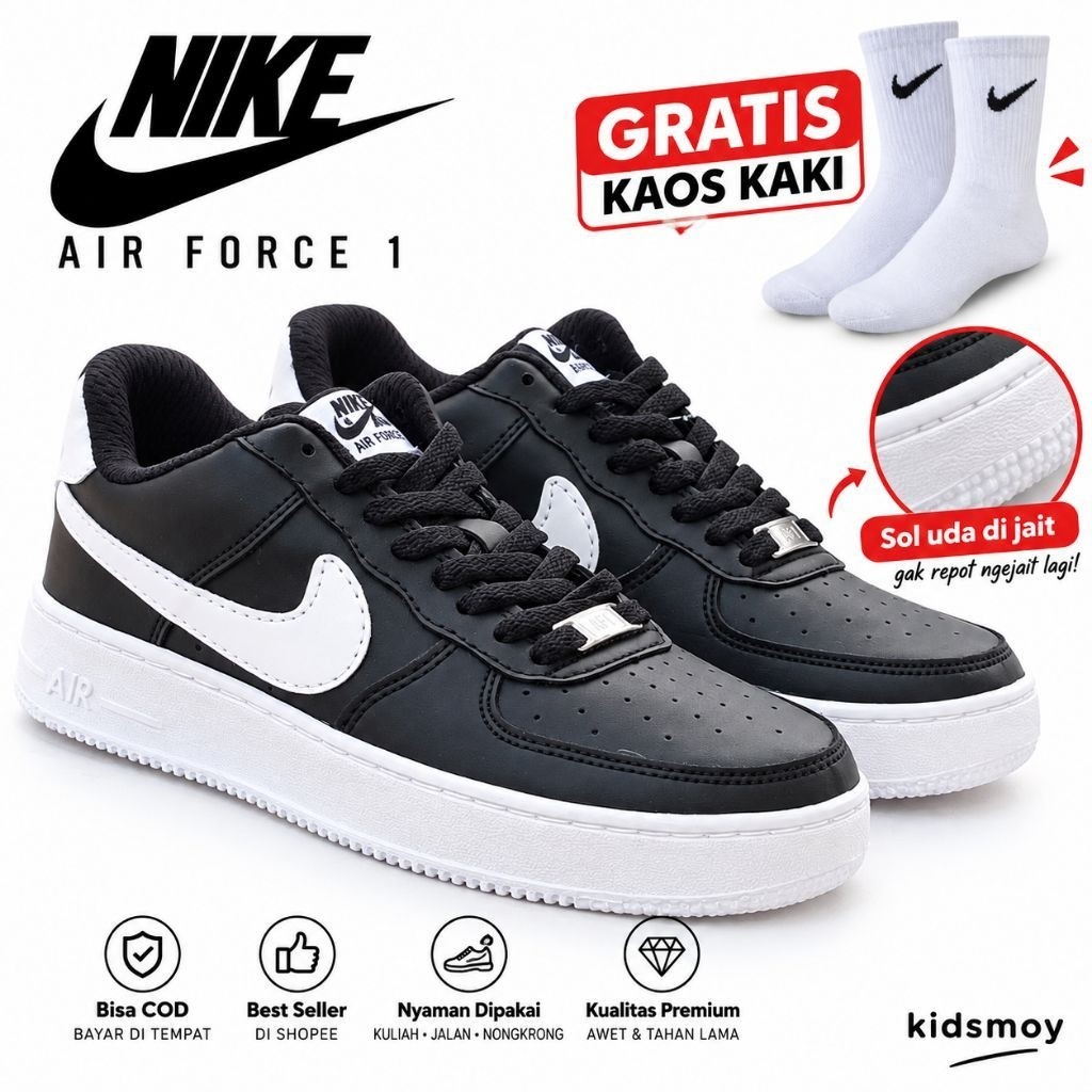 Sepatu Sneakers Unisex Nike Air Force 1 Hitam Putih Ukuran 37-45