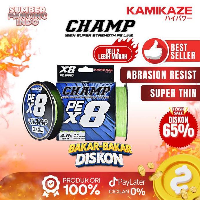 Kamikaze Senar Pe Pancing Champ X8 150Mtr Flame Green White Collor Sic Technology X8 Braide 100% - S