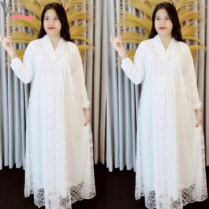 Gamis Brukat Tile Polos Putih Kartini A-Line Baju Muslim Vima 75385 - 76421