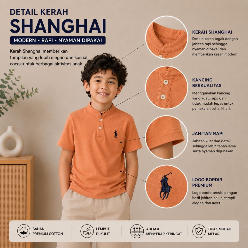 Kaos Polo Kerah Shanghai Anak-Anak Katun Premium