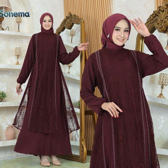 Gamis Sonema Crinkekel Air Flow Kombinasi Brokat Simple Elegan