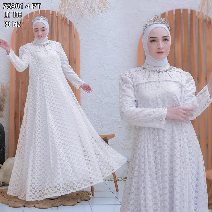 Gamis Brokat Tile Mutiara Motif Daun 75981 Baju Muslim Panjang Vima Mewah