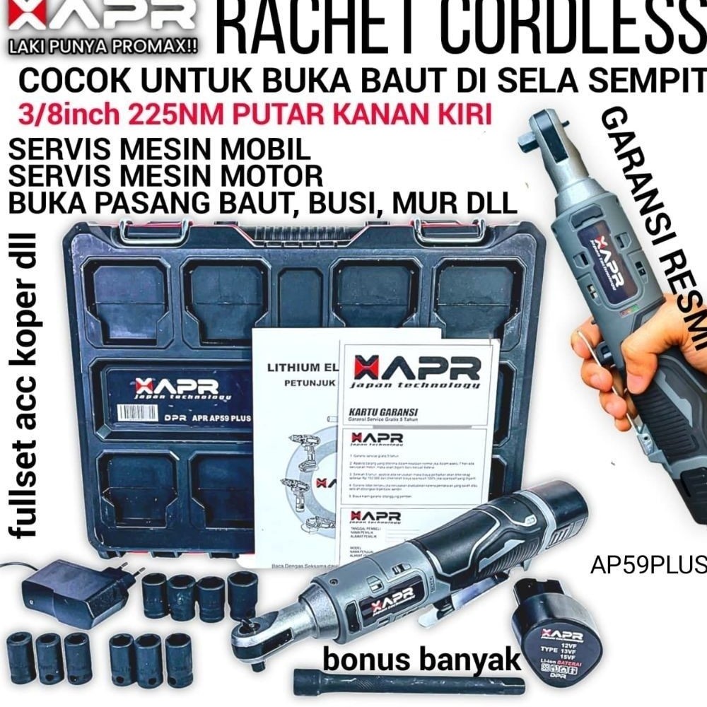 XAPR RACHET CORDLESS Type AP59+ Rachet 3/8inch 225NM untuk baut 8 - 17 alat buka baut mesin motor mo