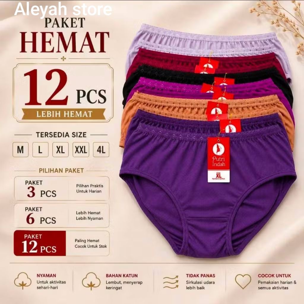 ALEYAH CD 8 PUTRI INDAH / 2 PUTRI 12 pcs cd motif polos celana dalam wanita premium quality cd wanit