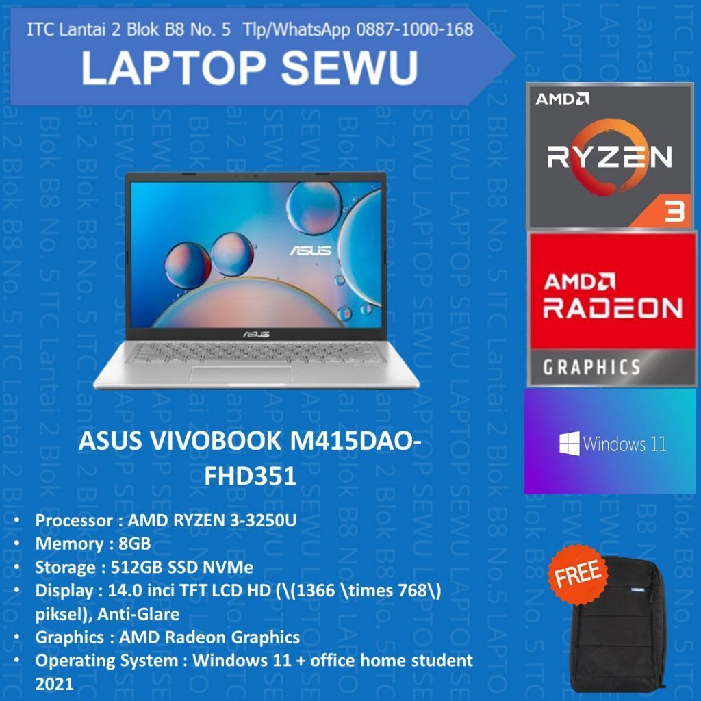 Asus Vivobook m415dao-fhd351 Amd ryzen 3-3250u Ram 8gb Ssd 512gb