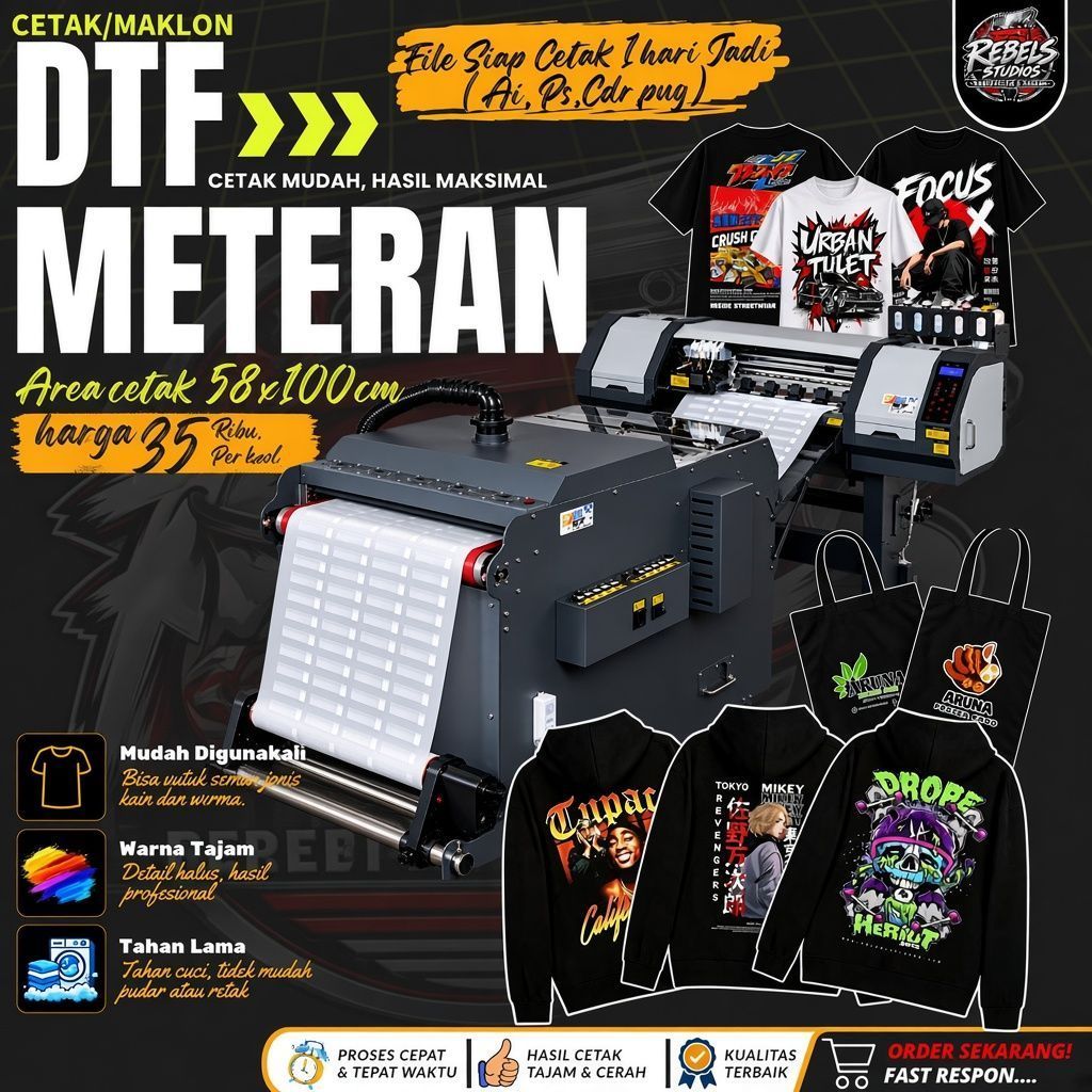 Cetak DTF Meteran, Cetak DTF 58x100cm, Jasa Cetak DTF, Maklon DTF