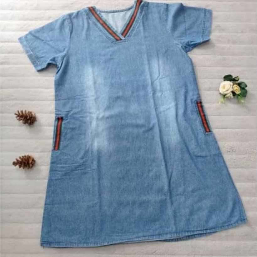 Midi Dress Wanita Blue Jeans V-Neck - Simpel & Cantik