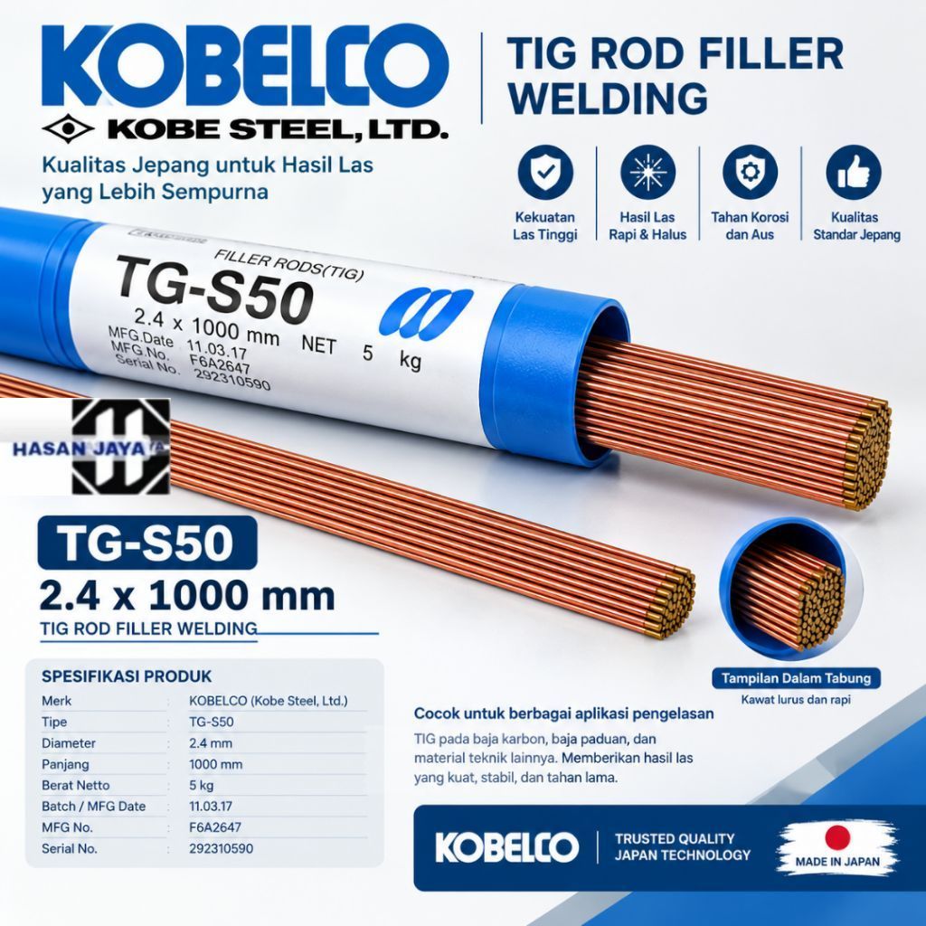 KAWAT LAS ARGON KOBE TG-S50 1Kg (1.6MM 2.4MM 3.2MM) / KAWAT LAS ARGON KOBE TGS 50 ER70S-G