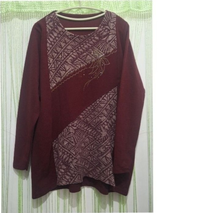 blouse blus tunik wanita merah maroon lengan panjang wanita jumbo, big size