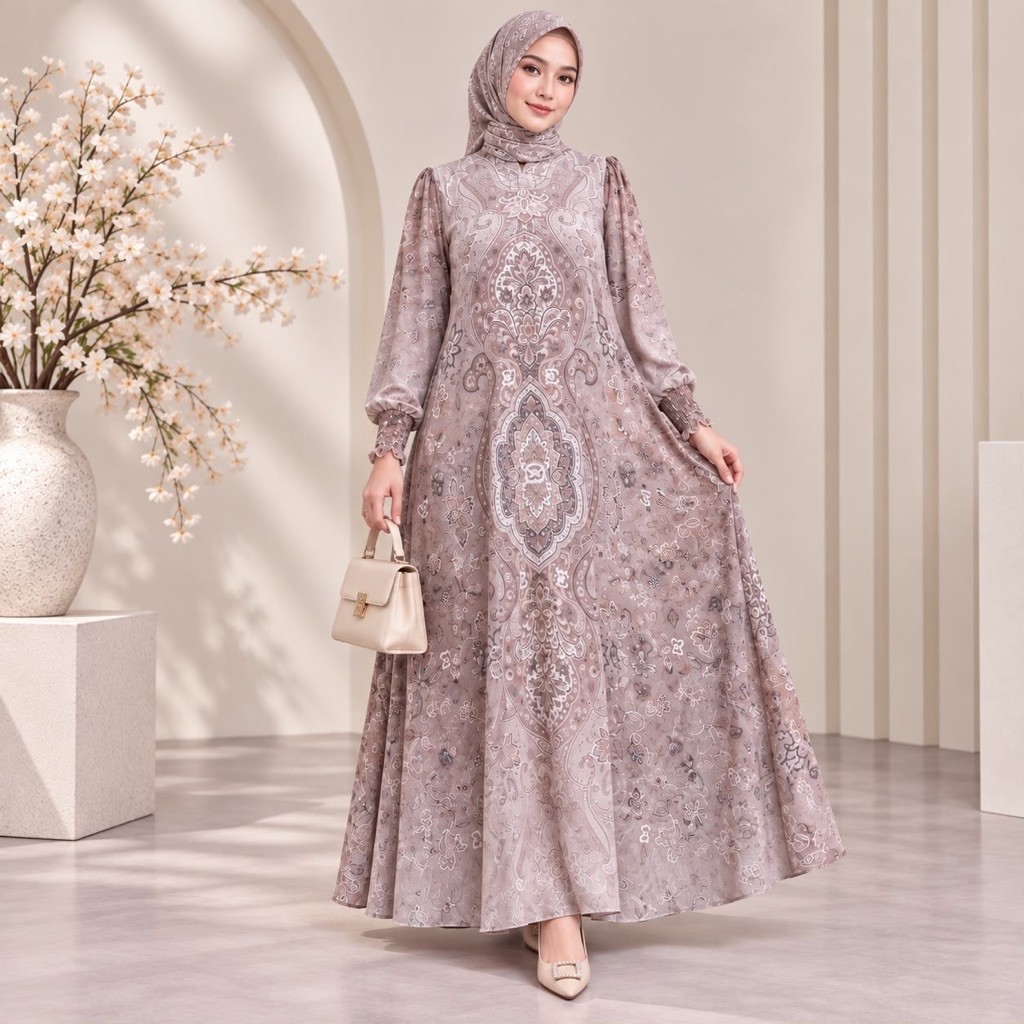 Gamis Hijab Voal Printing Mocca by Eldeena syari