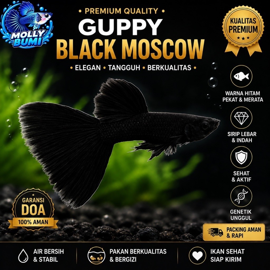 Guppy Black Moscow sepasang Premium Ikan Hias Guppy Black Moscow Berkualitas