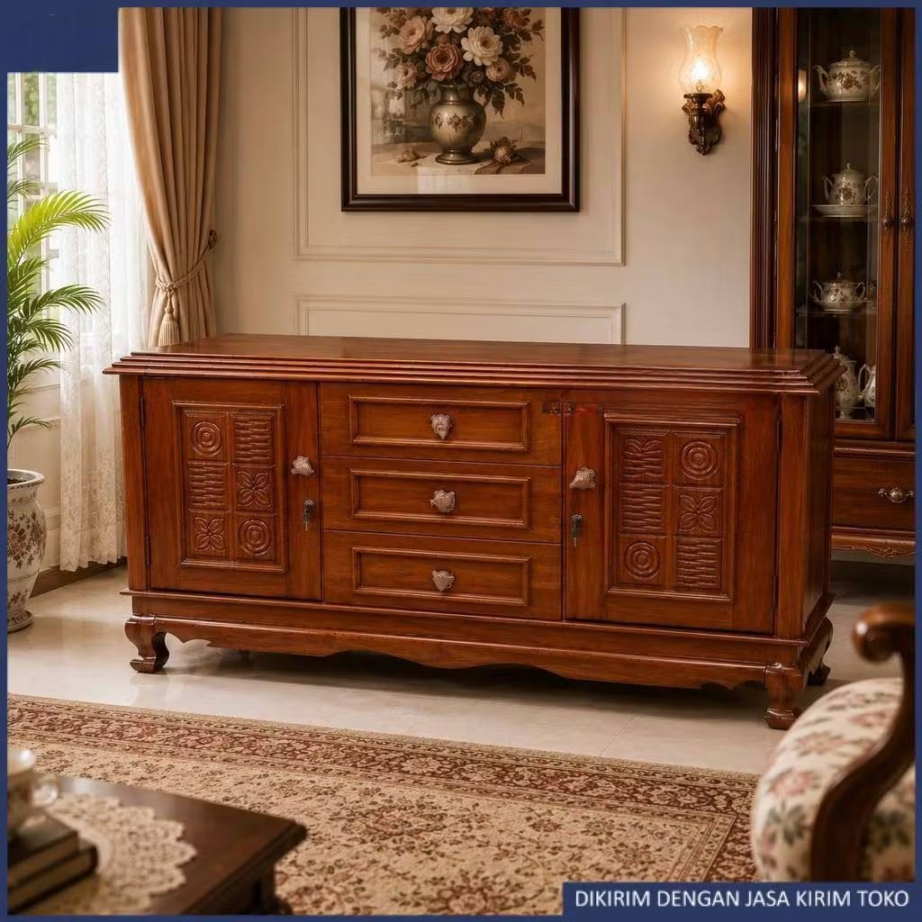 bufet pendek kayu jati minimalis ukuran 200x90/bufet TV pendek jati solid/Bufet pajangan pendek jati