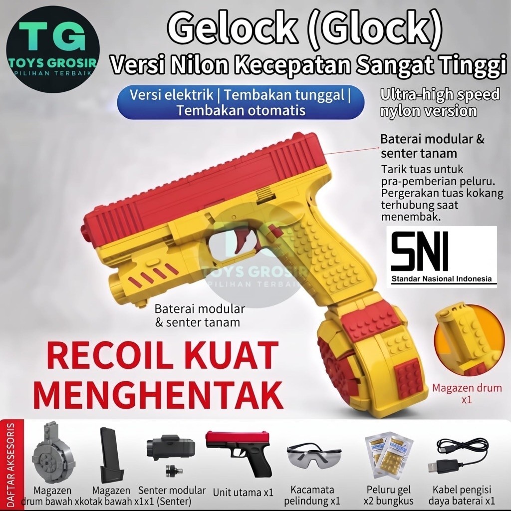 Toysgrosir Mainan Water Gel Electrick Glock 1911 USB Reachargeable SNI Bonus Gel Aman Dan Menyenangk
