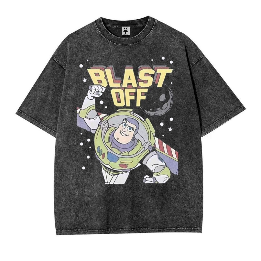 Pattern Merch Kaos Oversize Stone Black Washed Toy Story Buzz Lightyear Blast Off Vintage Unisex Gra