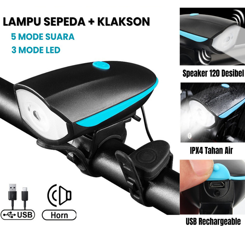 Lampu Sepeda LED + Klakson Elektrik Rechargeable | Super Terang &