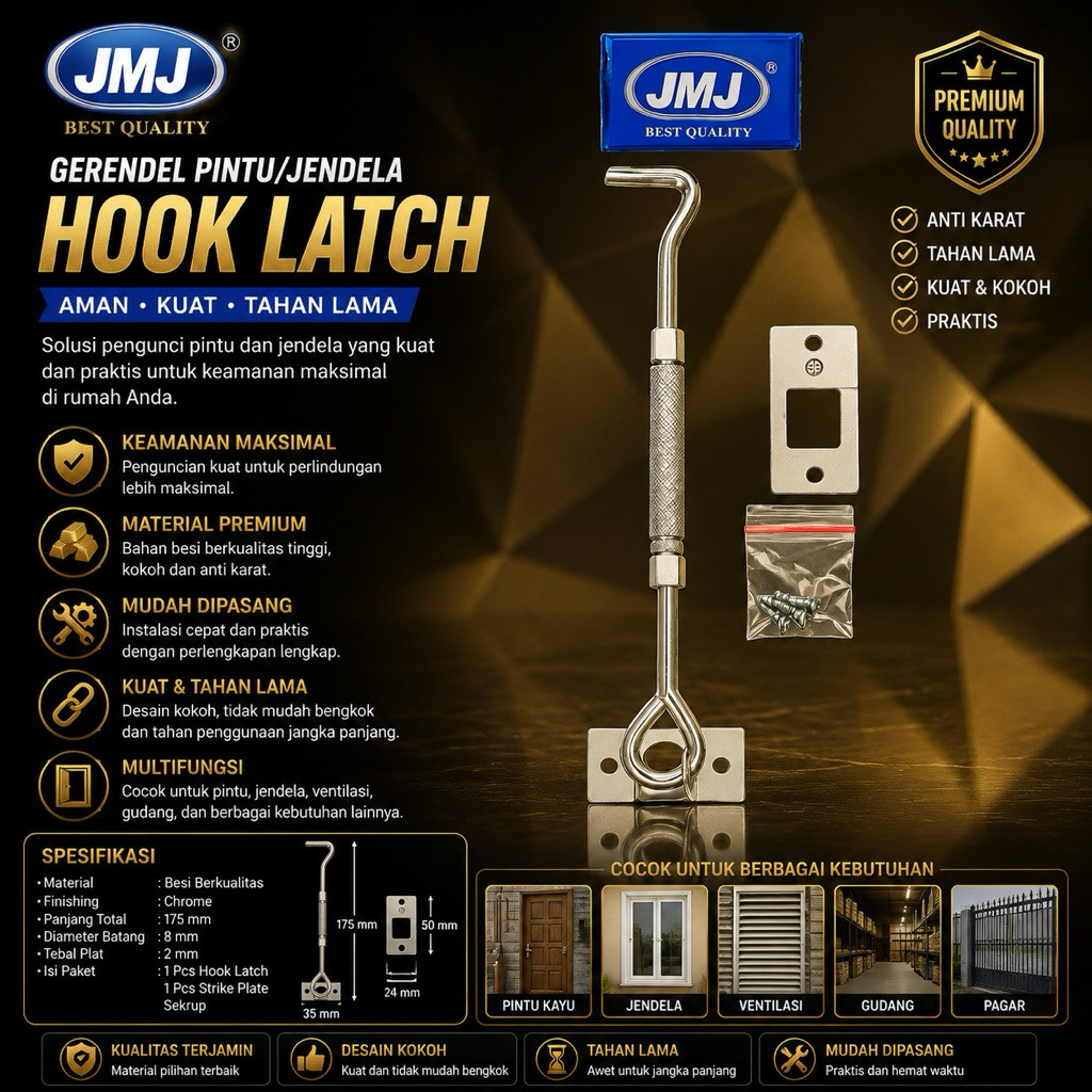 Hak Angin Segi 8 JMJ Silver Cutter | Hak Minimalis Segi | Hak Angin Penahan Jendela | Window Hook 8 