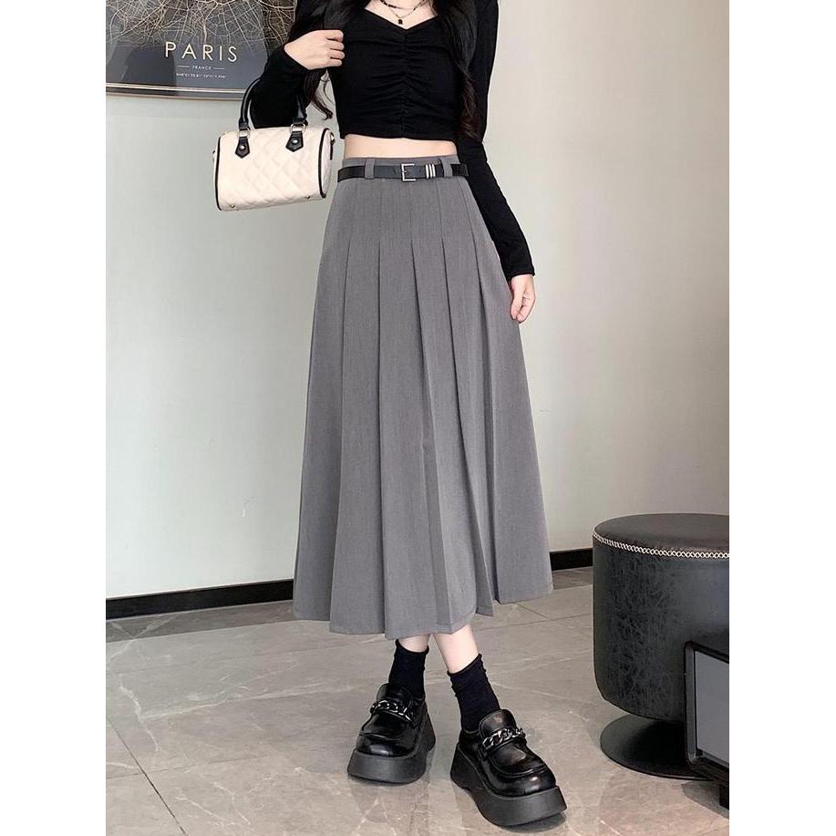 Rok Hitam Wanita Rok Lipit Gaya Korea Rok Panjang Wanita Kasual Longgar