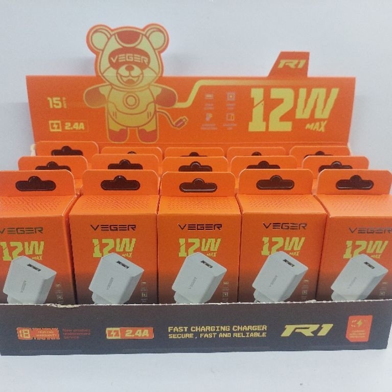 (1Box isi 15pcs) Adaptor.Charger VEGER R1 2.4A  12w, FAST CHARGING