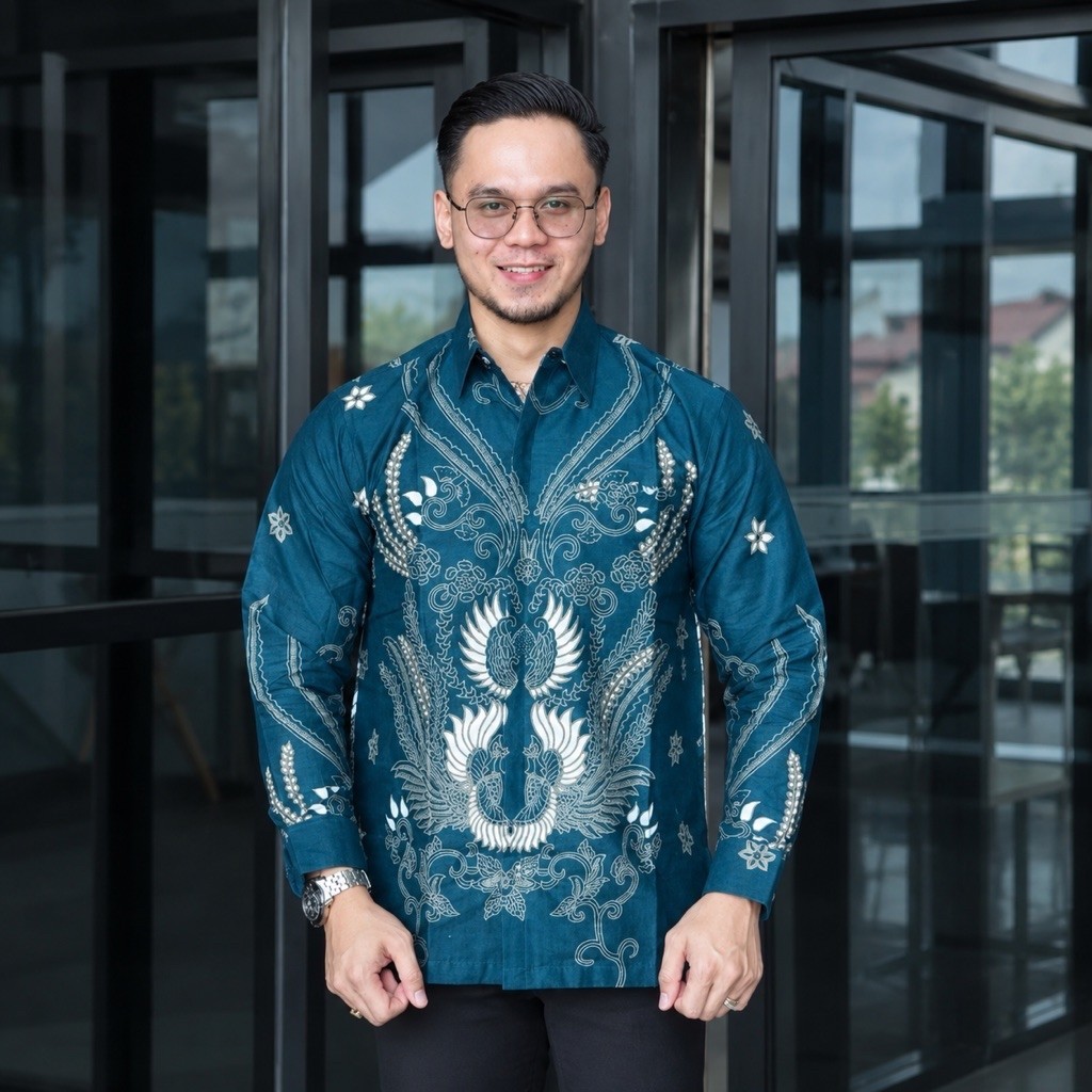 ISMOYO Biru Emerald Kemeja Batik Pria Bahan Katun Prima Premium Berlapis Furing Lengan Panjang dan P