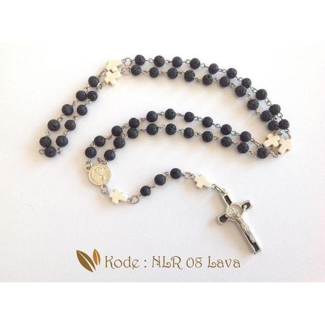 Kalung Rosario Batu Lava 6mm Salib Putih White Marble