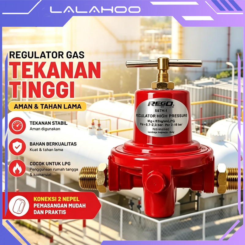 Regulator Gas REGO 597FB High Pressure + Nepel 1/2" x 1/4" 2pcs Tekanan Tinggi Ke Sedang Untuk LPG G