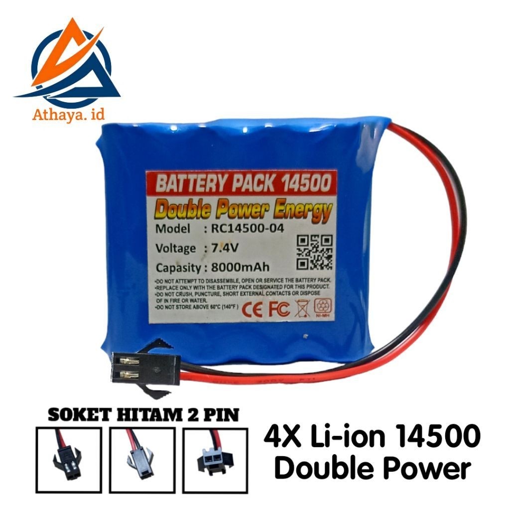 Baterai RC 14500 8000mAh 7,4V Soket Hitam 2 Pin Untuk Mainan Anak 4x14500