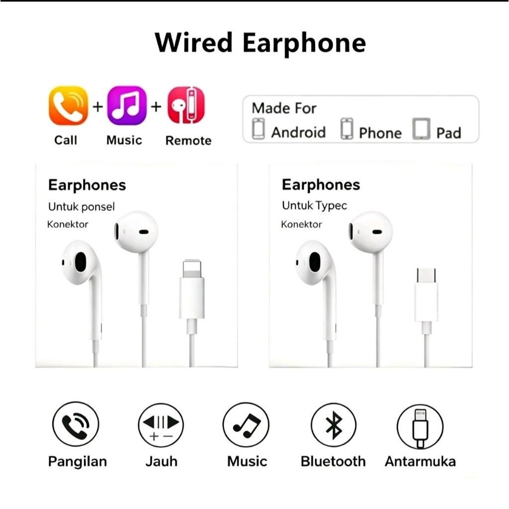 Headset HiFi Earphone, Headset Bluetooth i14B dengan Microphone bawaan, Cocok untuk Iphone 17, 18, X