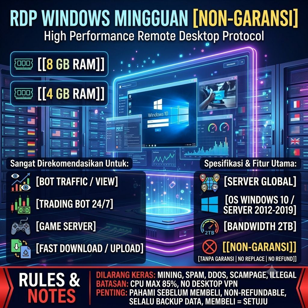 RDP/VPS Windows (non-garansi) - 8GB RAM/4GB RAM
